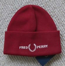 Genuine FRED PERRY Ruby Red Cuff White Logo BEANIE HAT UNISEX Tags