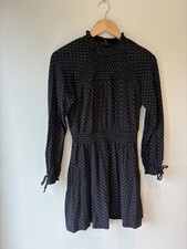Topshop Autumn Black White Polka Dot Shirred High Neck Long Sleeve Mini Dress 8
