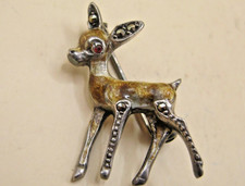 Vintage Marcasite Enamel  & Gemstone Brooch Of A Baby Deer / Fawn No SIlver Mark