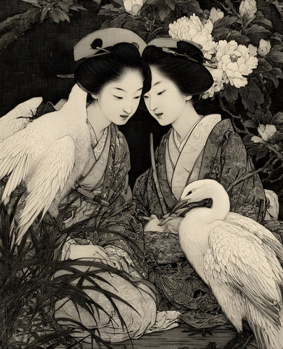 Two kimono women resting - kimono,