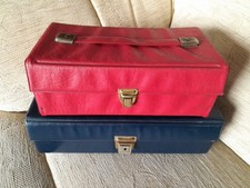 Two Vintage Cassette Tape Storage Boxes Red and Navy Blue with Handle Retro
