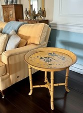 Vintage Faux Bamboo Chinoiserie Removable Tray Table Yellow Blue Wood Composite