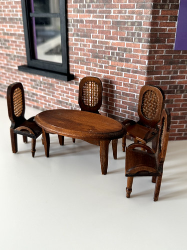 Dolls house table and - dolls, wicker