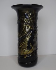 Vintage GUERNSEY ISLAND GLASS Flared Rim Cylinder Vase, Blue Azurene Gold