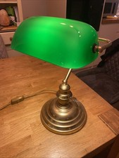 Vintage Green Glass Bankers Desk Lamp With Brass Coloured Base - Good Condition