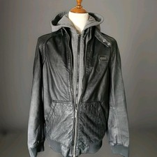 Mens Ecko Unltd Black Leather Jacket Detachable Hood Size Midium 
