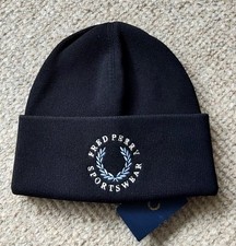 Genuine FRED PERRY Black Deeper Cuff Branded Logo BEANIE HAT UNISEX New Tags