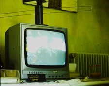 1980 Vintage B&W Television Set Old School TV Antenna Green Wall 35mm Slide	