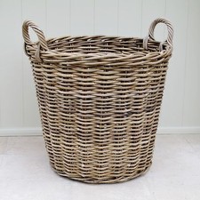 Grey & Buff Rattan Round Wicker Log Basket with handles Large