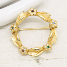 VINTAGE SIGNED SPHINX FLORAL GOLD WREATH CIRCLE BROOCH PIN JEWELLERY