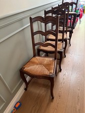 Antique Set of 6 (Six) Solid Oak French Ladder Back Dining Table Chairs