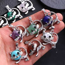 Natural Crystal Quartz Stone Cat Bowknot Pendant DIY Chakra Healing Reiki Gift