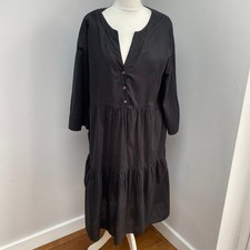 Gudrun Sjoden Midi Dress Large Black Tiered Cotton Chest 46" V Neck Arty 