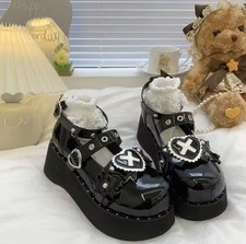 Womens Black Gothic Lolita Platform Shoes Mary Jane Cross Cosplay Lolita