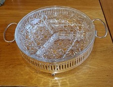 Vintage Made England Glass Divided Serving Tray  Silver-plated Stand Nibbles 