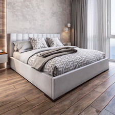 Plush Sleigh Ottoman Storage Bed 50” Linear Headboard + Orthopaedic Mattress