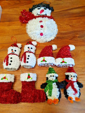 Cute Set Tinsel Wire Hanging Christmas Decorations Penguin Snowman Hat Stocking