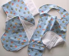 Flannel Baby Set Blue w/ Trains 2 Blankets 2 Burb Cloths 1 Full Body Bib Reverse