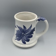 Blue & White Floral Mug Tankard Youghal Potteries Ireland Hand Thown Hand Glazed