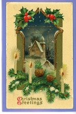 OLD VINTAGE 1910 CHRISTMAS POSTCARD SNOW COVERED CHURCH CANDLES HOLLY XMAS NOEL