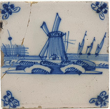 Antique Dutch Delft Blue & White Hand Painted Tile Landscape Windmill AE1