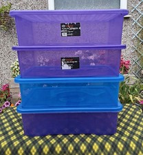 4 X 32litre Plastic Storage Boxes Pack 3 purple 1 Blue with 2 Blue 2 Purple Lids