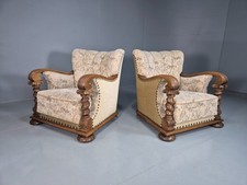 2 Vintage Danish Antique Lounge Chairs Oak Frame Floral Cotton 1920s EB8078 VCAR