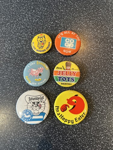 Six vintage button badges rare - six,