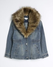 River Island Girls Jacket Denim Faux Fur Collared Buttons Outerwear Top