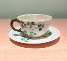 Rare Belleek 2nd Black Mark Cup & Saucer. Irish Porcelain. Basket Weave Shamrock