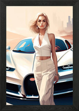 Girl and Bugatti car Framed