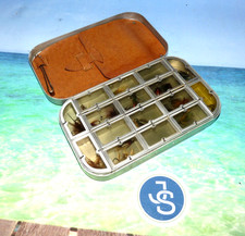 vintage Wheatley 16 compartment fly box leather wallet & tweezers to lid & flies