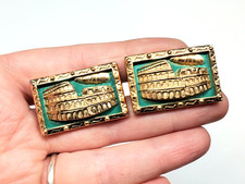 Vintage Anson Roman Colosseum Gold Tone Cufflinks Seafoam Green Costume Cufflink