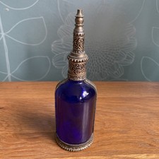 Vintage Moroccan Cobalt Blue Glass Perfume Bottle With Metal Overlay 17cm Tall