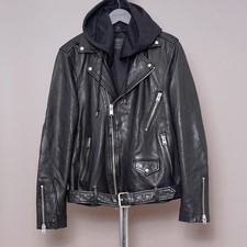 ALL SAINTS Leather Jacket LARGE Mens Black L Biker Bomber Celebrity Hooded RENZO