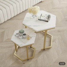 White 2pcs Hexagonal Stackable Marble Effect MDF Side End Table with Metal Legs