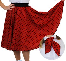 RED POLKA DOT SKIRT WITH BLACK SPOTS & SCARF 1950S ROCK AND ROLL FANCY DRESS