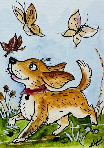Aceo whimsical brown happy - aceo, dog