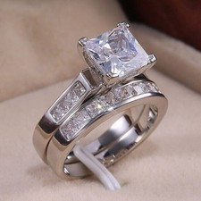 Princess Cut 3.25Ct White Diamond Bridal Ring Set 14k White Gold Finish Size J-W