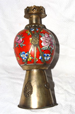 VINTAGE CHINESE PORCELAIN OIL LAMP METAL BASE HAND PAINTED DRAGONS SIGNED