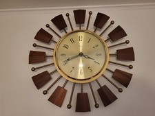 Mid-Century Paico Sunburst/Starburst Wall Clock Brass & Teak 1960-70s Retro 
