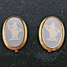 Vintage Clip On Earrings - Wedgwood Oval Shape Blue Jasperware, Gold Coloured