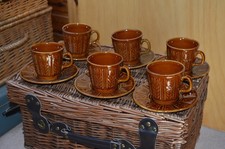 Tams Pottery Cups and Saucers, Set of 6, Brown, Wheat Design, Vintage 1960s/70s