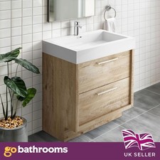 Bare Oak Effect Vanity Unit Resin Basin 75cm Standing Bathroom Sink & Storage