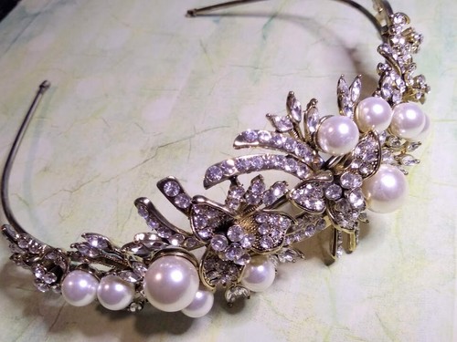 Gold pearl crystal hairband - crystal,