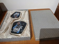 Vintage boxed dressing table brush and mirror set black and silver plastic