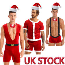 UK Men's Christmas Velvet Deep V Neck Bodysuit with Xmas Hat Santa Claus Costume