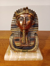Vintage Brass King Tutankhamun Bust on Marble Base – Authentic Egyptian Decor