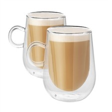 Coffee Glasses Double Walled 350ml Glass with Handles x2 Mug Drinking | M&W