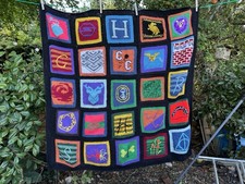 100% hand knit, patchwork multi colour ,double blanket or rustic rug